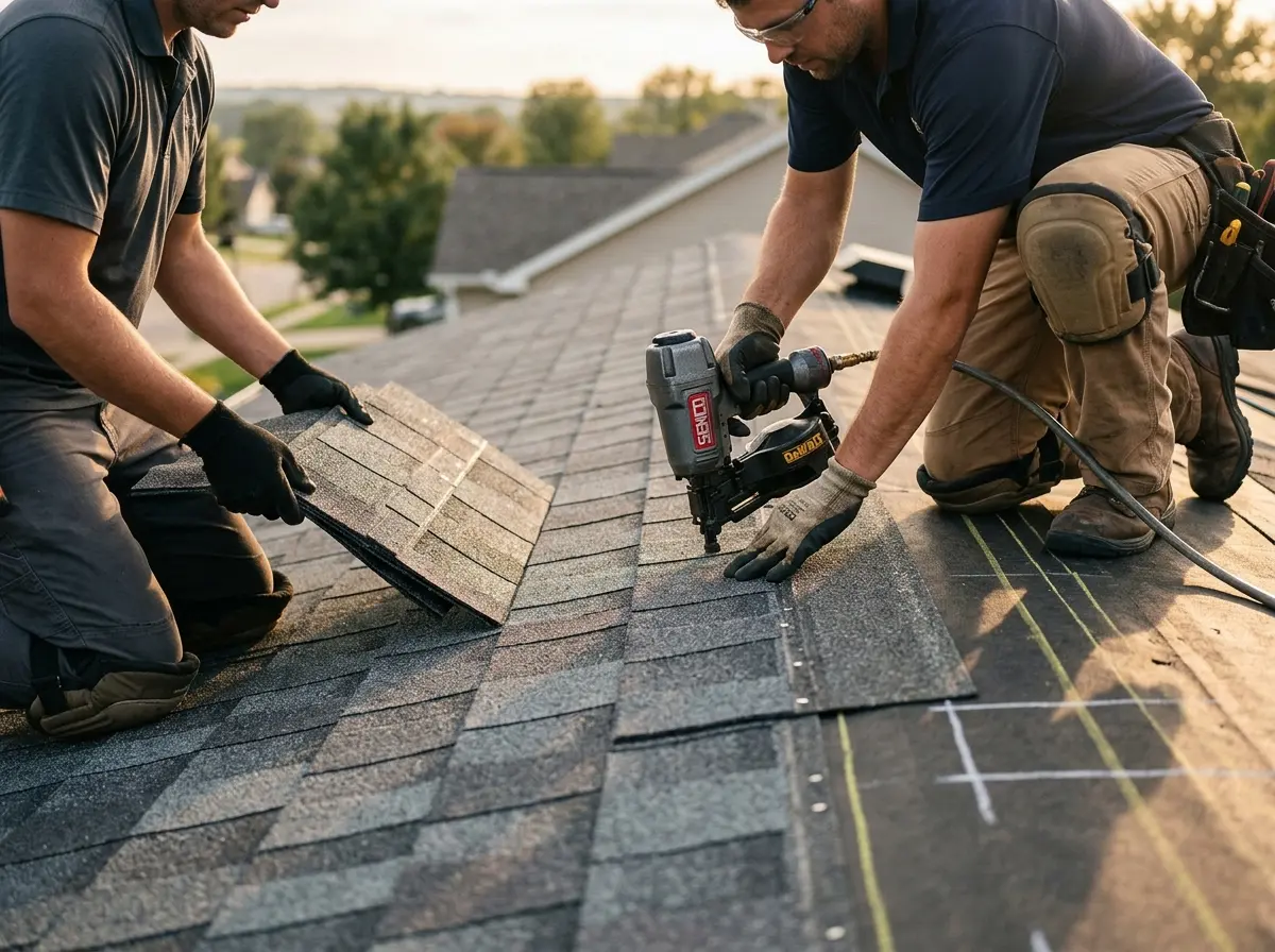 Professional roofer working on a residential roof in Collegedale